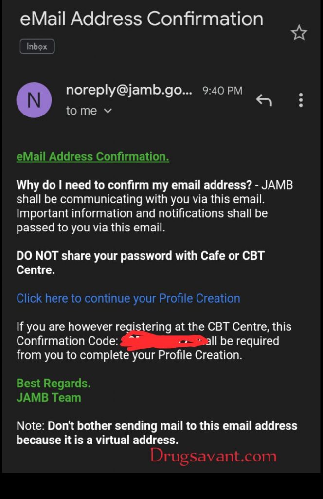 Jamb email address confirmation mail