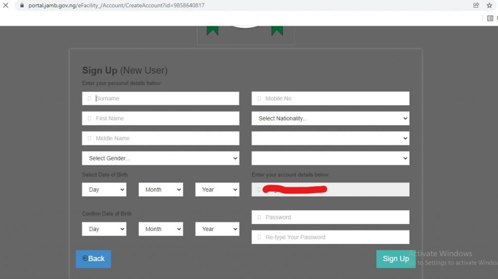 jamb profile registration form