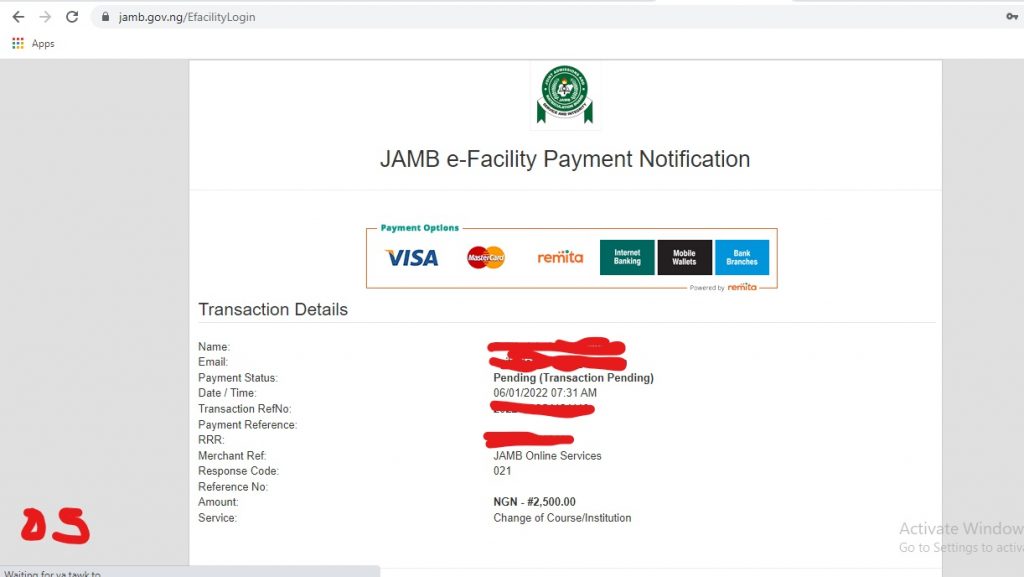 pay now page to correct mistake made in jamb