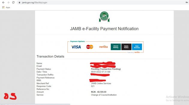 pay now page to correct mistake made in jamb