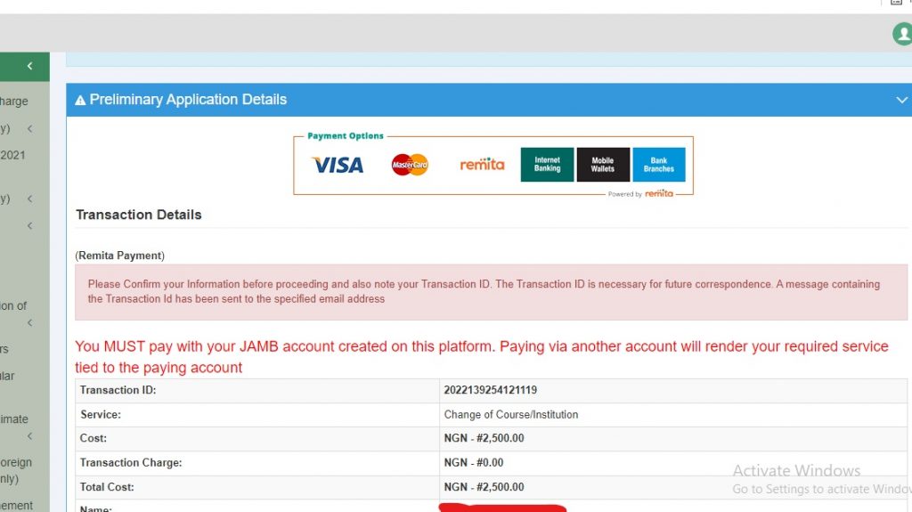 payment to correct mistake made in jamb