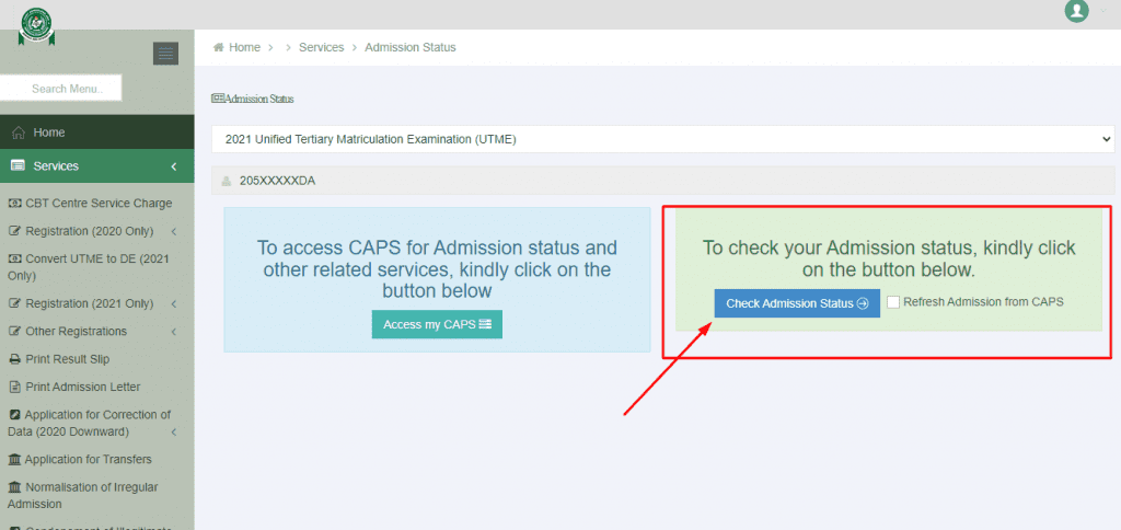 Check Admission Status on Jamb Caps