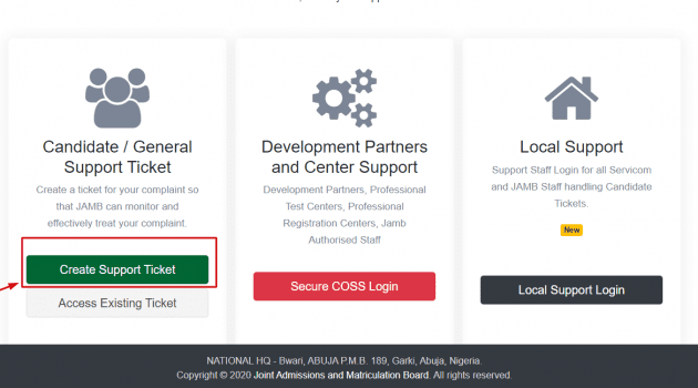 Create Support ticket on Jamb support