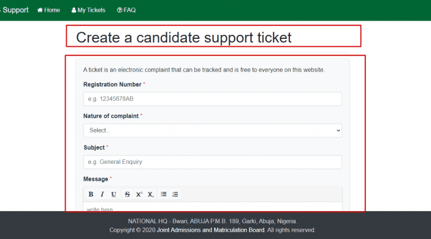 Creating support Ticket page
