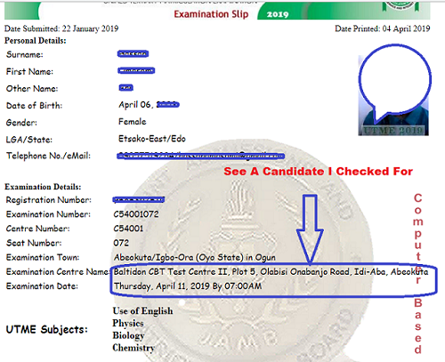 Jamb Reprinted slip