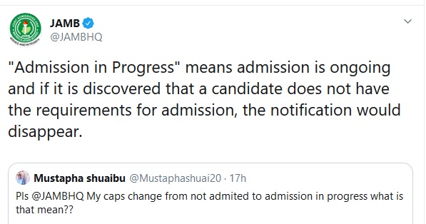 Jamb gives meaning of admission in progress on twitter