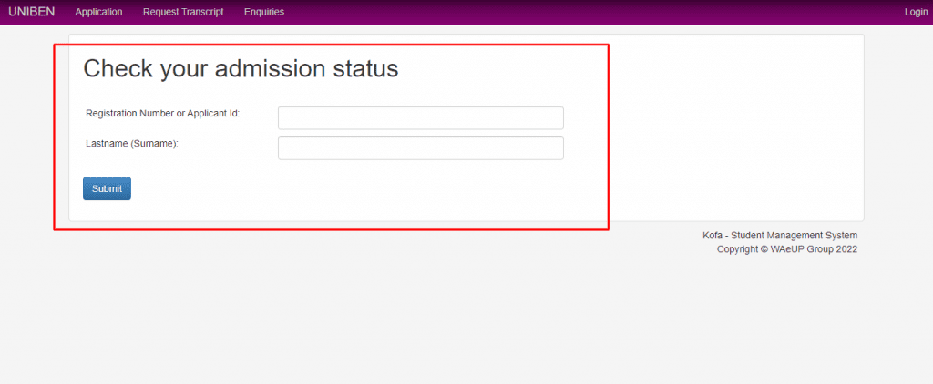 Uniben Admission Status checker Page