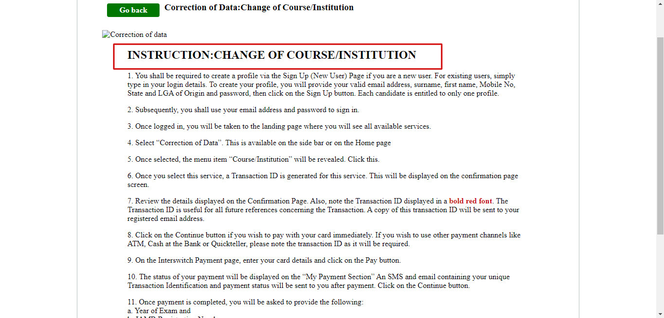 Instruction on Jamb change of Course