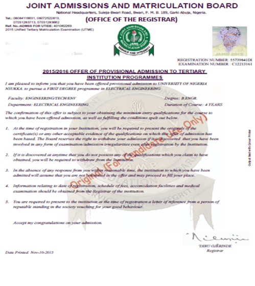 Jamb Admission letter (For Candidate use only)