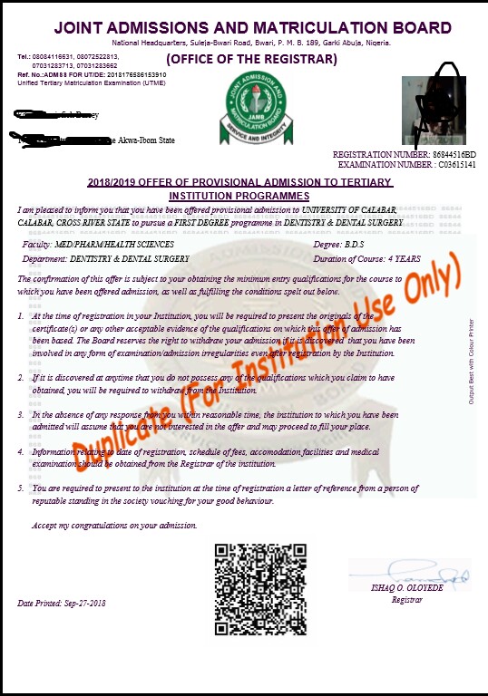 Jamb Admission letter (for Institution use only)