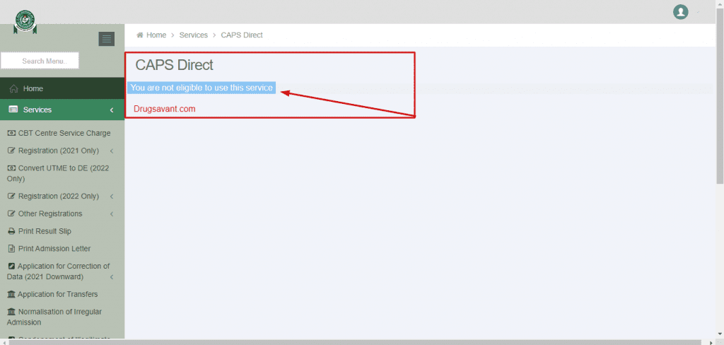 Jamb Caps not eligible to use this service