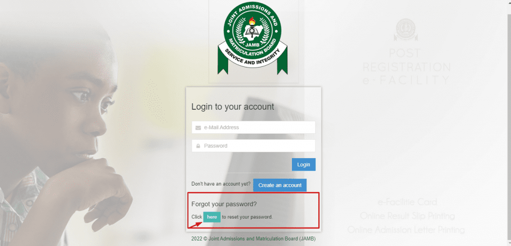 Forgot Password Reset Option Using Jamb Efacility