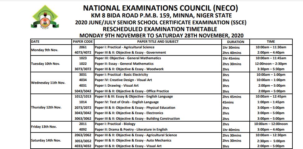 Image of NECO timetable