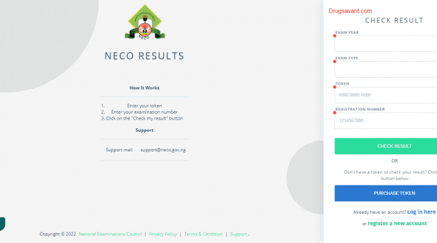 NECO Result checking homepage
