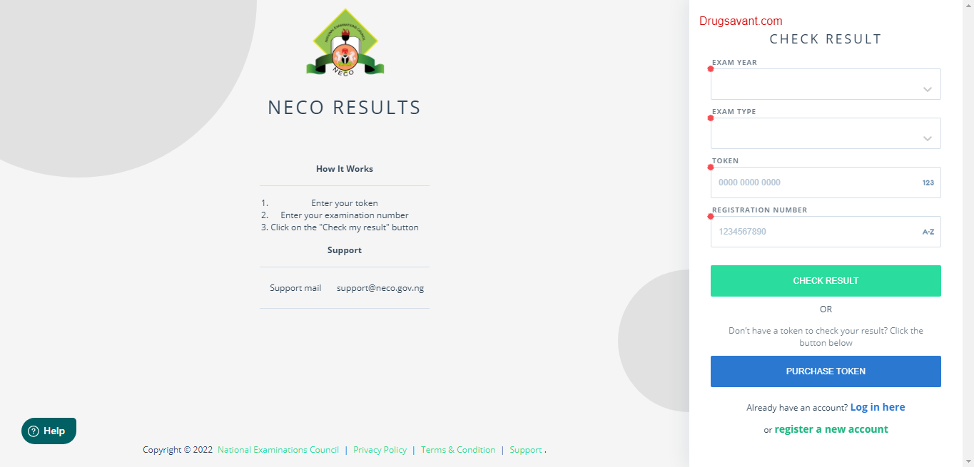 NECO Result checking homepage