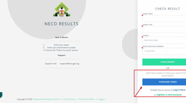 How To Check NECO Result 2022 Using Phone (Online & SMS) Purchase Token button to Check NECO result