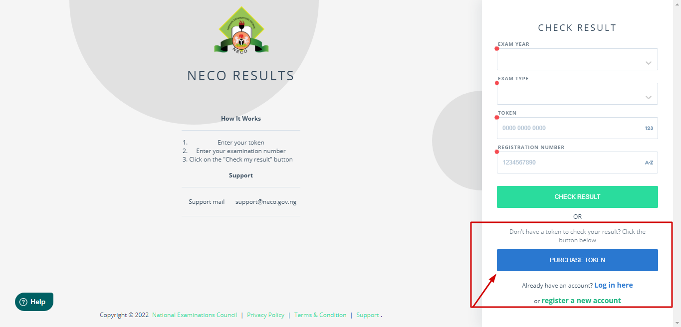 Purchase Token button to Check NECO result