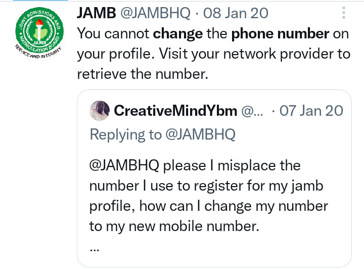 Jamb Responds to change of Phone number