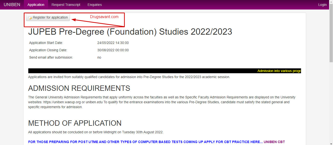 UNIBEN JUPEB Pre-Degree Form 2022/2023 (All You Need to Know) Uniben JUPEB Register page