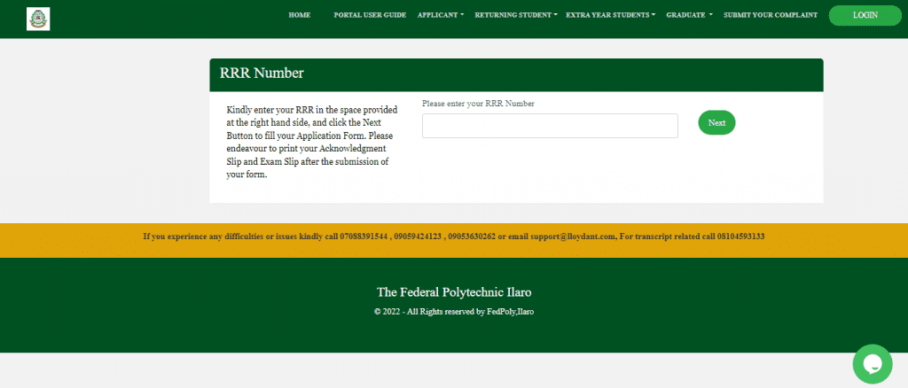 Federal Polytechnic, Ilaro RRR registration page