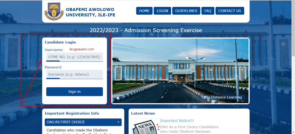 OAU Post UTME registration Portal