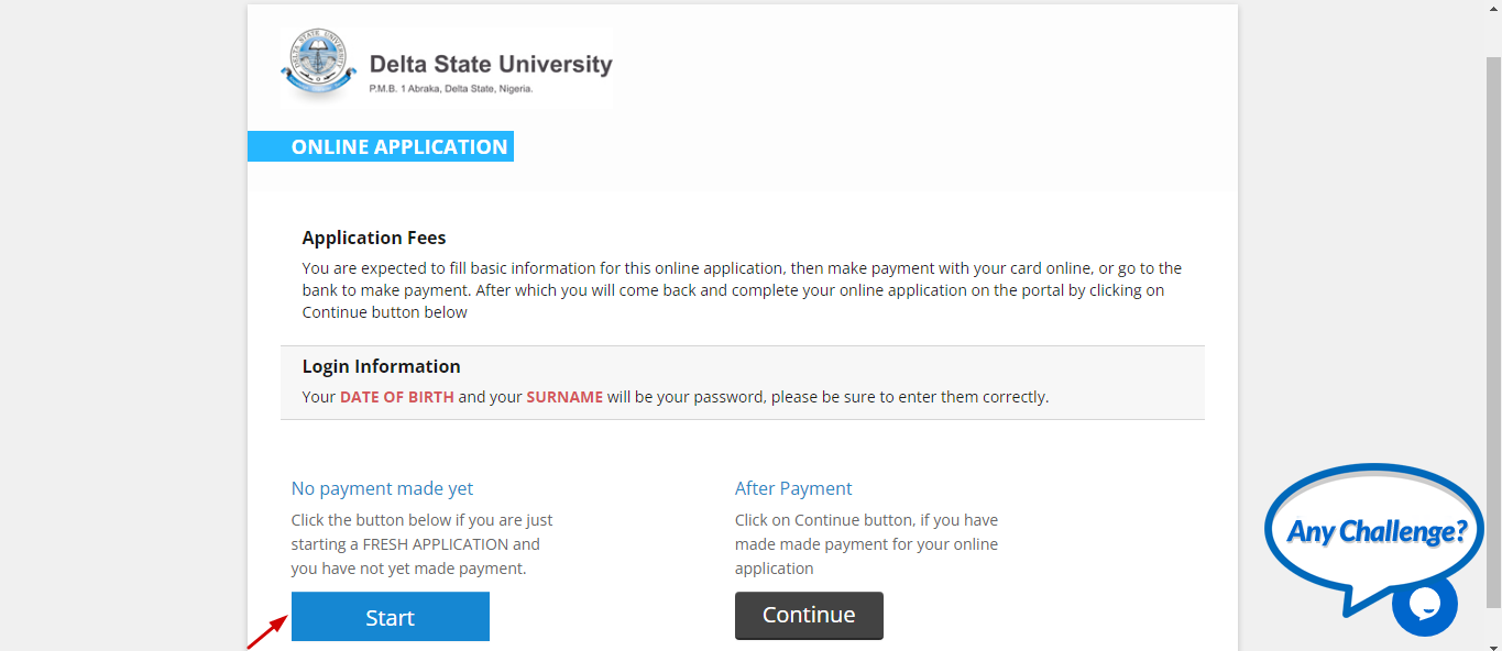 Start page for DELSU Post UTME