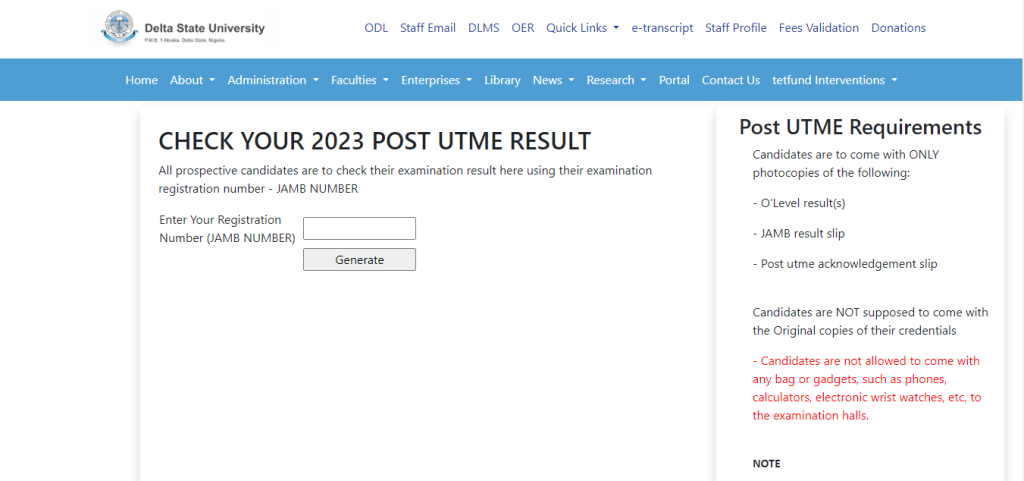 DELSU Post UTME Result Portal