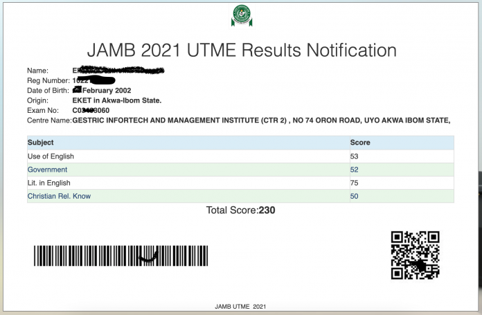 JAMB Result print out sample
