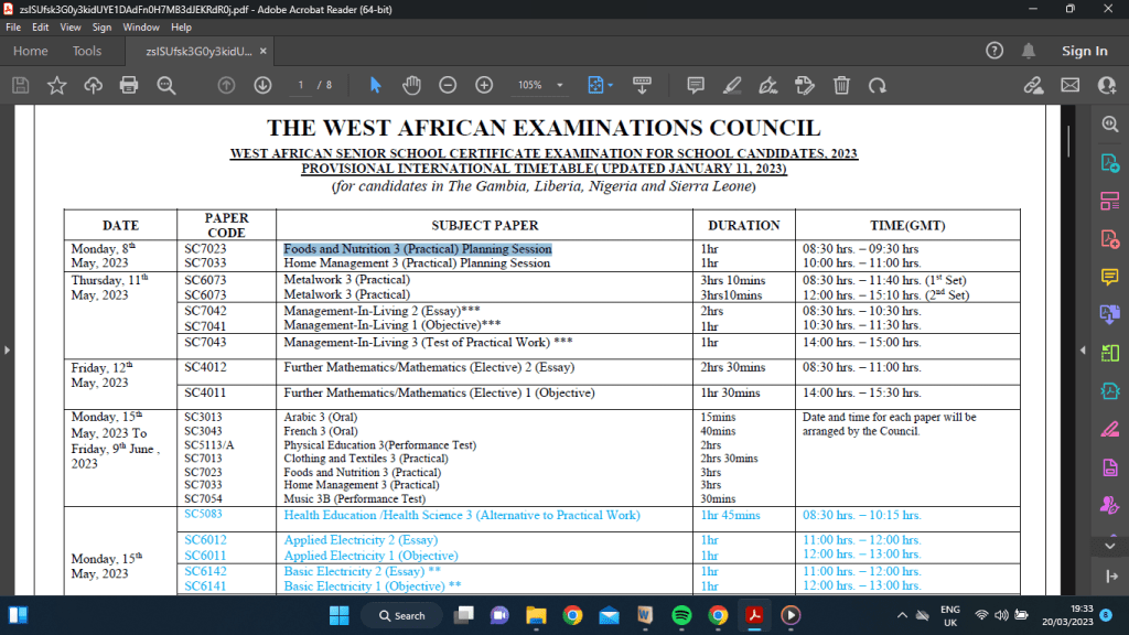 WAEC Timetable 2023
