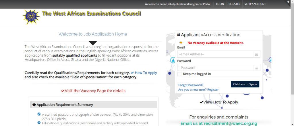WAEC Recruitment Application Portal