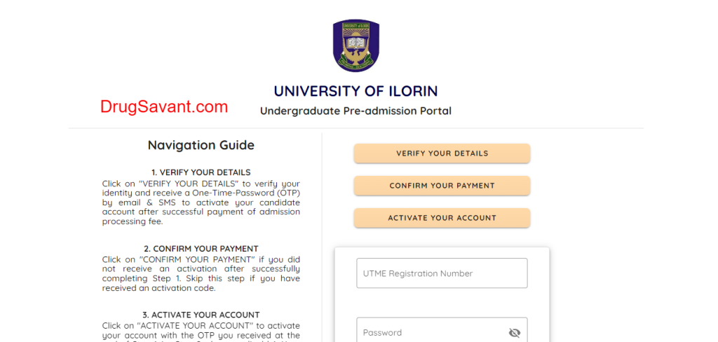UNILORIN Post UTME registration page