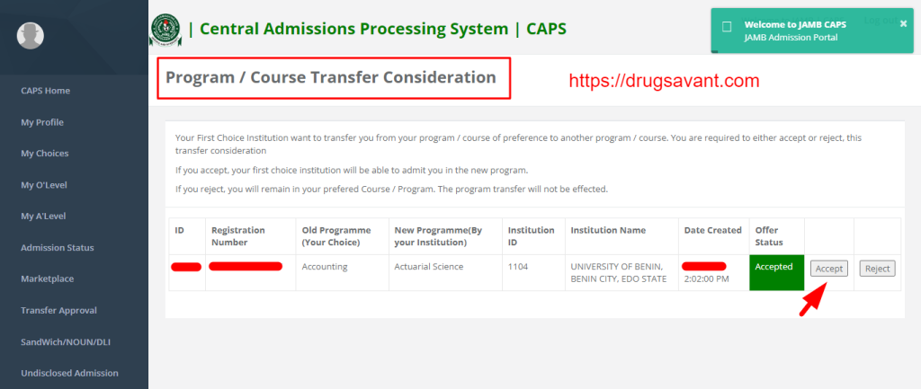 JAMB Transfer Approval Acceptance page