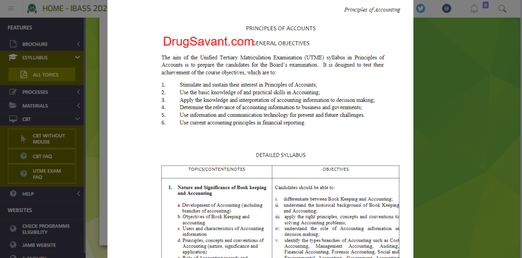 JAMB Principles of Accounts syllabus